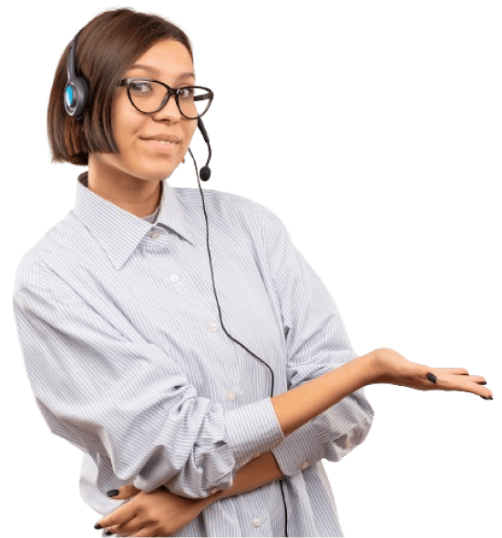 Pleased young call center girl wearing glasses headset showing empty hand isolated white background with copy space22 removebg preview 1