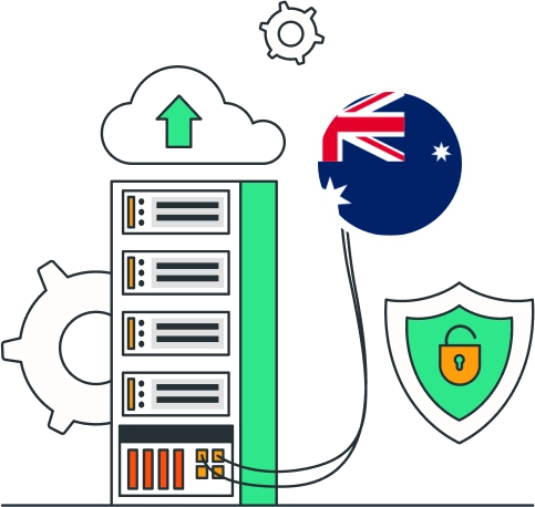 A computer server with a flag and a padlock