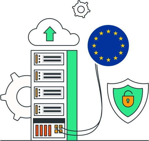 A computer server with a blue circle and a blue flag