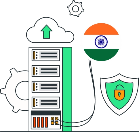 A computer server with a flag and shield
