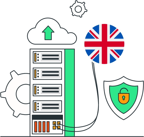 A computer server with a cloud and a shield showing web hosting servers in uk